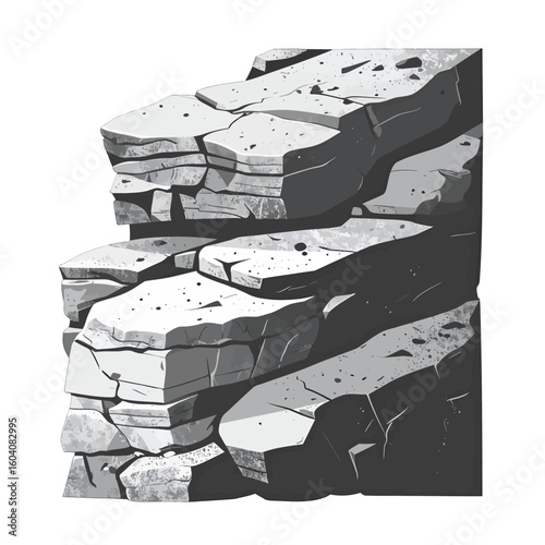 Stylized grayscale illustration of a layered and cracked rock cliff face.