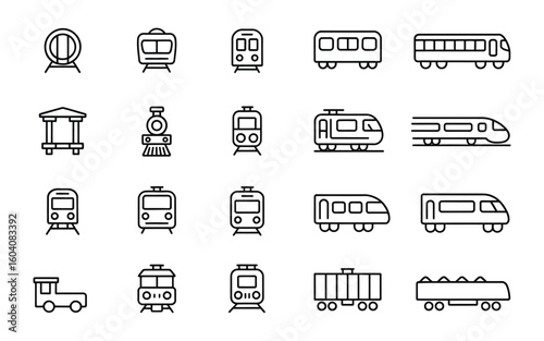 Trains & Railway Transport Line Icons: Locomotive, Wagon, Passenger, Cargo & Travel Vector Set