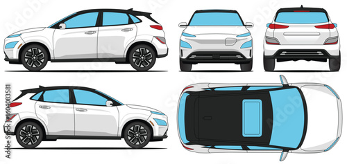 Kona SUV electric car vector, mockup car vector for branding on isolated white background with side, front, rear and top Views