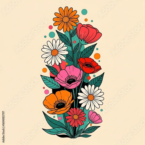 Retro Floral Illustration with Poppies and Daisies in Orange Pink Red and White on a Cream Background