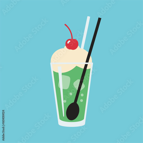 Minimal Flat Design Melon Soda Float with Cherry, Straw, and Spoon / ミニマルフラットデザインのチェリー、ストロー、スプーン付きメロンソーダフロート