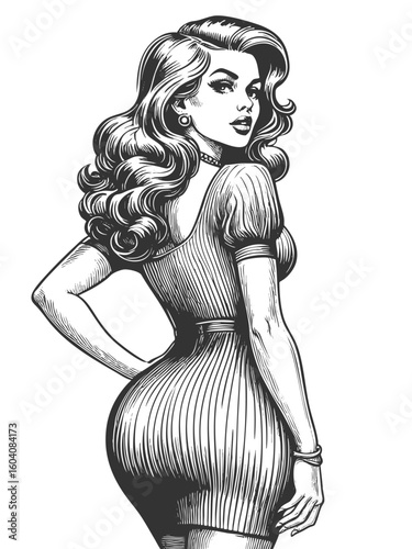 confident woman in a fitted dress, looking over her shoulder with a glamorous expression sketch engraving generative ai fictional character vector illustration. Scratch board. Black and white image.