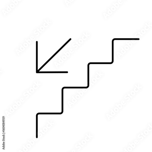 Minimalist black arrow sign indicating location of staircase in public space isolated on white background