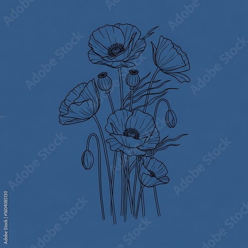 Elegant Poppy Flower Line Art Illustration on a Solid Blue Background for Graphic Design and Creative Projects