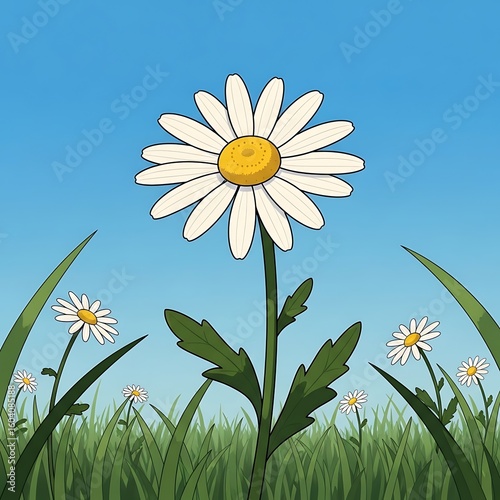 Cartoon Daisy Flower Field with Blue Sky Background Upward View of Fresh Spring Daisies in Green Grass
