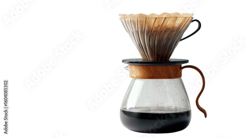Coffee brewing equipment with filter and glass jug on a white isolate background