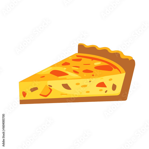 A delicious slice of savory quiche with a golden, fluted crust and vegetable filling.