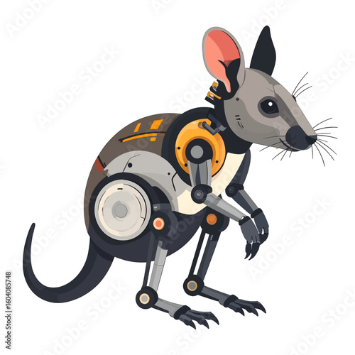 Futuristic cyborg rat with mechanical limbs, bionic joints, and an organic grey head.