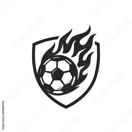 Flaming soccer ball inside shield emblem vector logo, isolated on white background, generative ai
