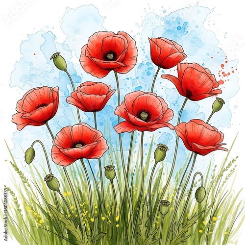 Watercolor Illustration of Red Poppies with Green Grass and a Blue Sky Background for Springtime Designs