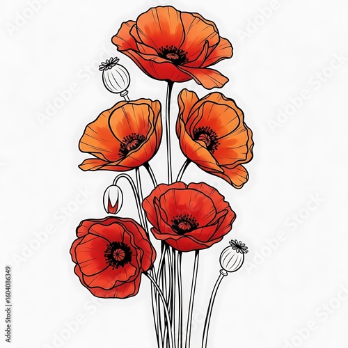 Elegant Red Poppy Flower Illustration with Black Outlines on a White Background Perfect for Floral Designs