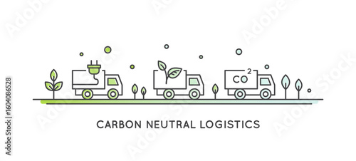 Minimalistic CO2 neutral supply chain icons. Green logistics, eco delivery, sustainable packaging, carbon-free transport, emission reduction, climate action. Clean vector for ESG content