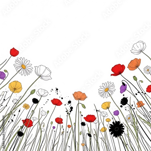 Colorful Wildflower Meadow Illustration with Daisies Poppies and Other Flowers Against a White Background with Ink Splatters