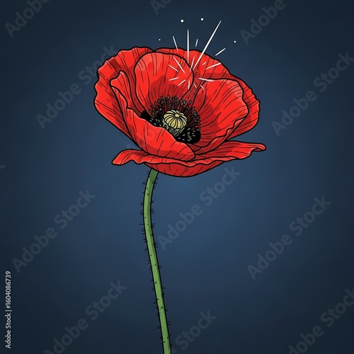 Elegant Red Poppy Flower Illustration with Sparkles on a Dark Blue Background Botanical Art for Print and Web