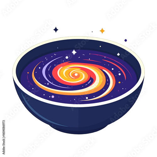 A deep blue bowl containing a vibrant, swirling spiral galaxy with sparkling stars.