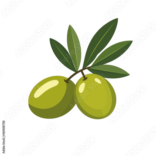 A vibrant illustration of a small olive branch featuring two plump, shiny green olives and lush leaves.