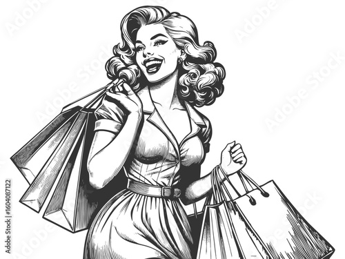 cheerful woman with long hair holding shopping bags and giving a thumbs up sketch engraving generative ai fictional character vector illustration. Scratch board imitation. Black and white image.