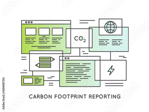 Minimalistic CO2 emissions vector icon set. Carbon footprint report, GHG monitoring, ESG data, liability metrics, regulatory compliance, sustainability, climate impact. Corporate emissions tools.