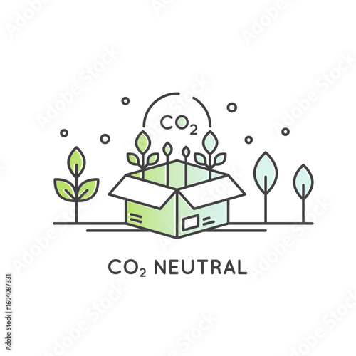 Minimalistic CO2 neutral supply chain icons. Green logistics, eco delivery, sustainable packaging, carbon-free transport, emission reduction, climate action. Clean vector for ESG content