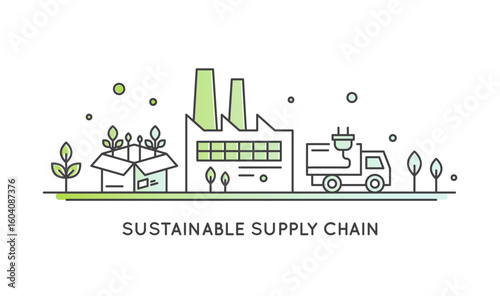 Minimalistic CO2 neutral supply chain icons. Green logistics, eco delivery, sustainable packaging, carbon-free transport, emission reduction, climate action. Clean vector for ESG content