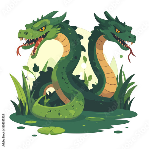 A menacing two-headed green serpent with horns, sharp teeth, and forked tongues.
