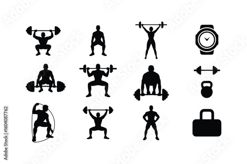 Weightlifting silhouettes and fitness equipment squat deadlift