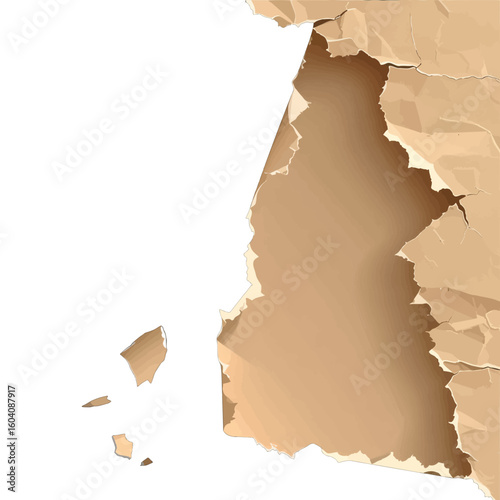 Aged, crumpled brown paper with torn, ragged edges, creases, and a large central hole.