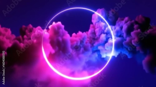 Glowing Neon Circle Encircling Purple and Blue Clouds