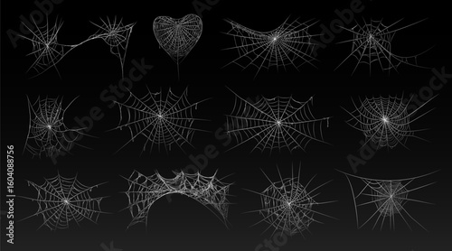 Halloween old spooky cobweb with various sizes and shapes. Old spider web set vector illustration dark gothic decoration for holidays. Corner spider net insect thread cobweb scary frames.