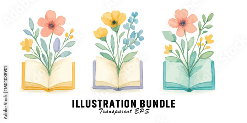Vector art of watercolor flowers blooming from open books