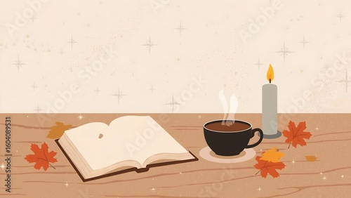 Flat Minimal Illustration of a Cozy Autumn Scene with Book, Hot Chocolate, Candle, and Leaves