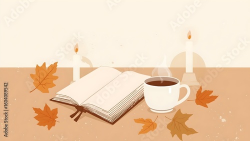 Flat Minimal Illustration of a Cozy Autumn Scene with Book, Hot Chocolate, Candle, and Leaves