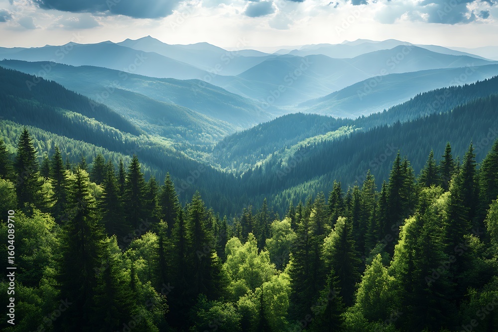 Obraz premium Panoramic vista of lush evergreen forest nestled between blue shaded mountain ranges