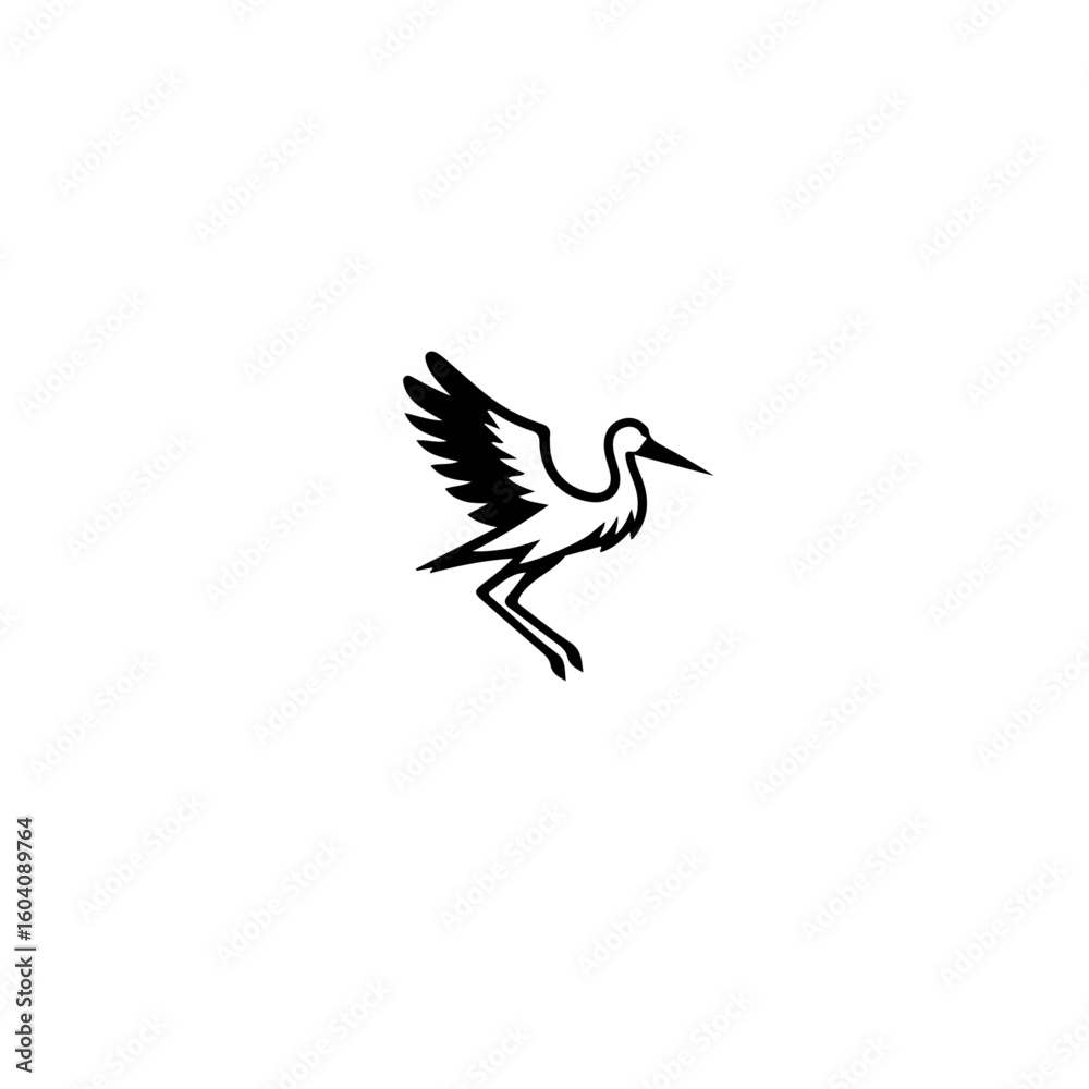 Fototapeta premium A simple black and white illustration of a stork with its wings partially spread in mid flight pose