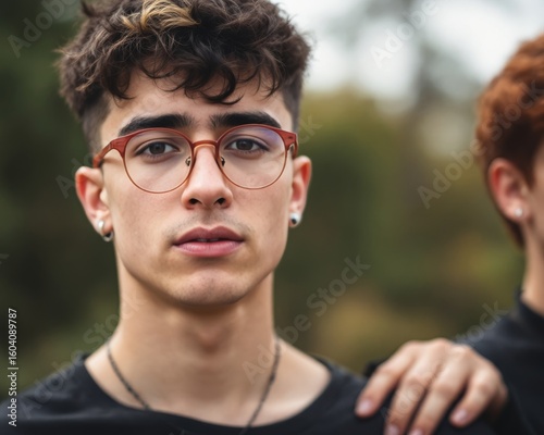 Young man with glasses and piercings looks directly at the camera with a friend nearby.