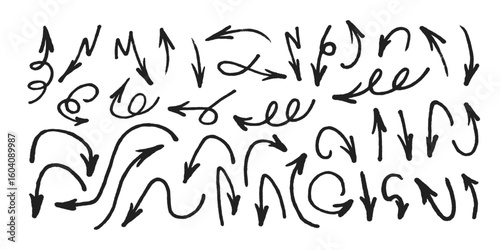 Hand drawn marker arrows symbols set. Doodle brush line grunge scribbles arrow pointers hand drawn vector illustration. Felt pen marker symbols collection.