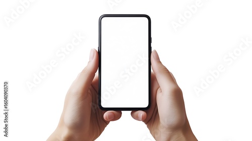 Person holding blank screen modern smartphone with two hands isolated on white