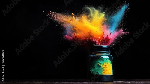 Abstract Unique Macro Image Concept. Colorful powders explosion from container on dark background creating a vibrant artistic display