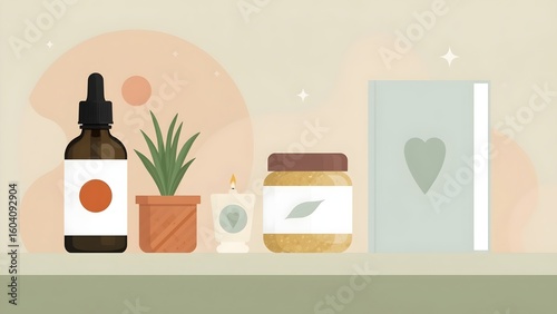 Minimalist Wellness Still Life with Skincare Bottles, Candle, Indoor Plant, and Journal on Shelf – Soft Pastel Home Decor Illustration