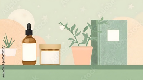 Minimalist Wellness Still Life with Skincare Bottles, Candle, Indoor Plant, and Journal on Shelf – Soft Pastel Home Decor Illustration