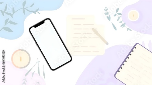 Pastel Flat Lay with Smartphone, Open Journal, and Minimal Mood Icons – Calm Productivity and Digital Wellness Illustration