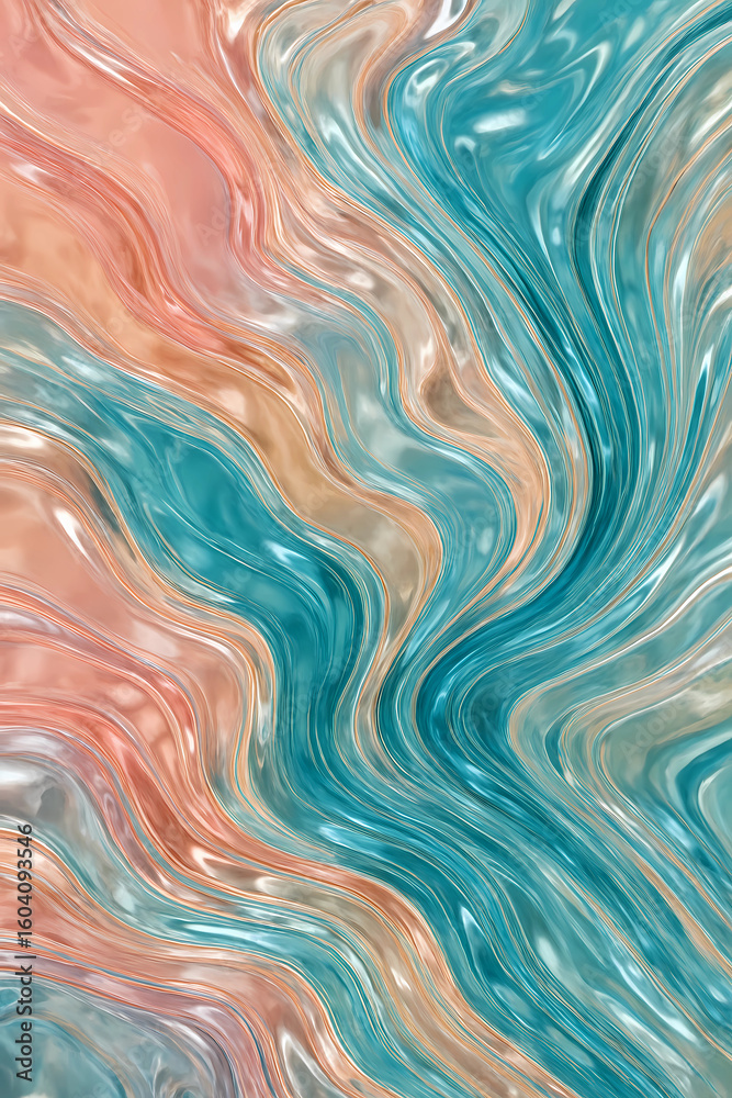 Fototapeta premium Colorful glossy glass texture with swirling teal and peachy waves