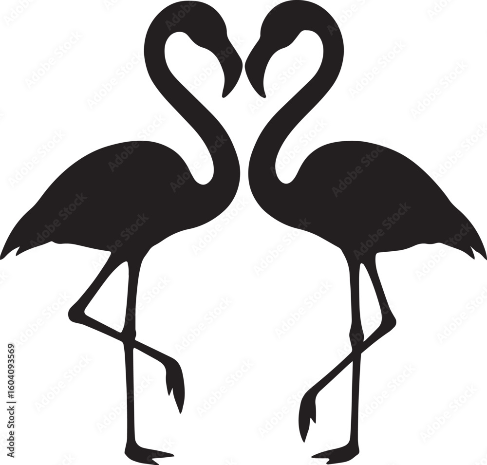 Fototapeta premium Flamingo silhouette in love: Two elegant flamingo silhouettes, with necks intertwined in a heart shape, showcasing the delicate beauty of nature and a symbol of eternal affection.