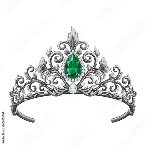 Ornate Silver Tiara with Emerald Gemstone and Diamond Accents