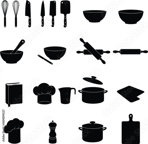 Black & White Kitchen Cooking & Baking Essentials Set: Chef Hat, Utensils, Bowls, Pots, Knives, and Cookbooks for Culinary & Home Kitchen Designs.