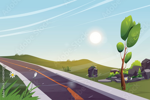 cartoon travel scene with mountains, sky, sun, grass and nature