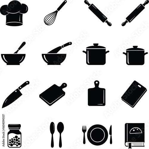 Black & White Kitchen Cooking & Baking Essentials Icons: Chef Hat, Utensils, Pots, Knives, Cutting Boards, Dinnerware, and Cookbook Silhouettes for Culinary Designs.