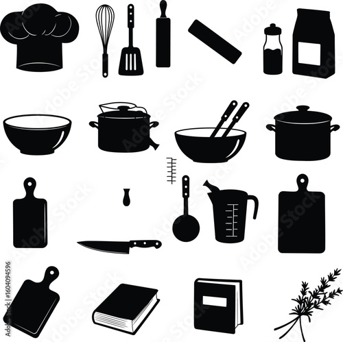 Black & White Kitchen Cooking & Baking Tools Set: Silhouettes of Chef Hat, Utensils, Pots, Books, and Ingredients for Culinary, Restaurant, and Home Kitchen Designs.