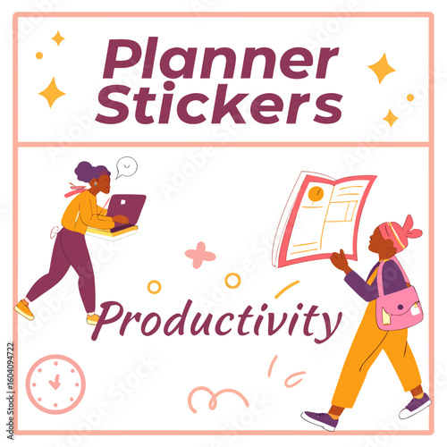 Enhance your planning and productivity with these vibrant planner stickers featuring diverse individuals engaged in work and study