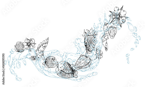 Strawberry ripe garden berries flowers leaves flying in water splash, fresh pineberry strasberry snakeberry, wet moist dew drops. Isolated illustration hand drawn in vector ink. Drink, grocery package